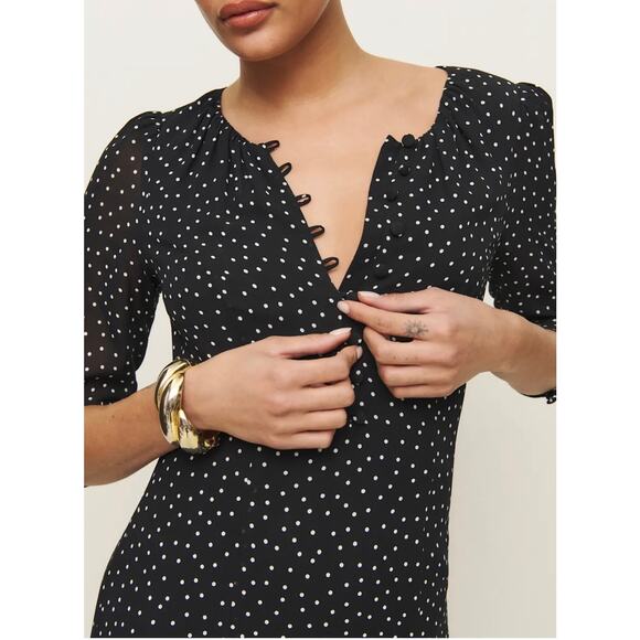 Reformation Mels Chiffon Polka Dot 3/4 Sleeve A-Line Midi Dress Black White 2 - Picture 6 of 16
